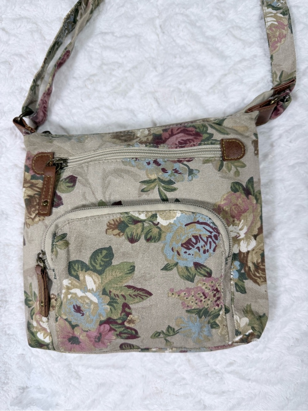 Source Unknown Floral Canvas Crossbody in Beige with Blue & Pink Accents